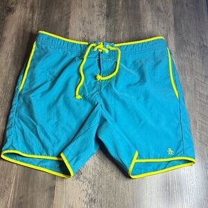 Original Penguin Turquoise Swim Trunks with Yellow Trim